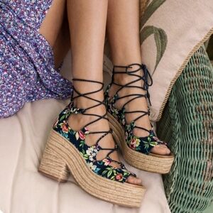 TORY BURCH POSITANO FLORAL LACE UP PLATFORM ESPADRILLE SANDALS